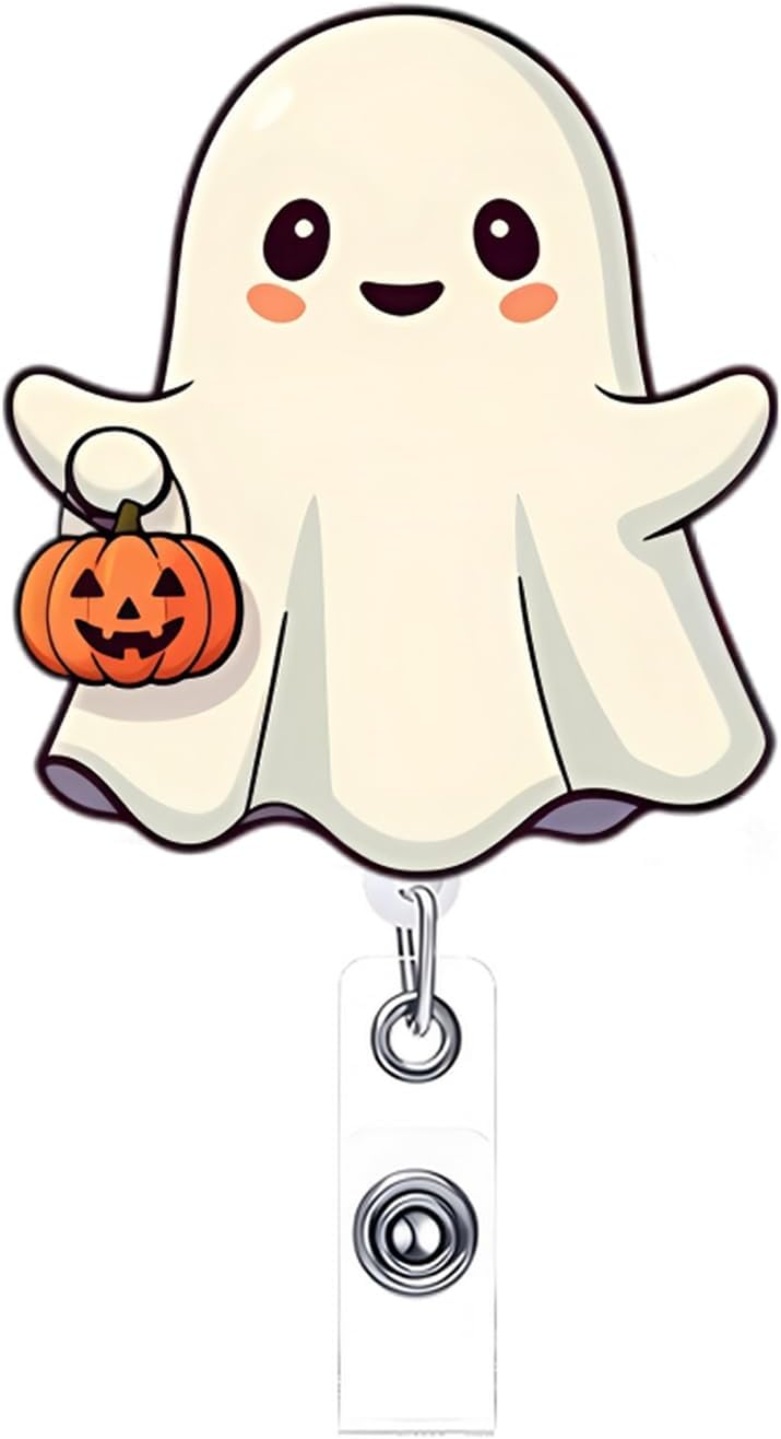 NSSHEL Halloween Badge Reel Acrylic Retractable Holder Cute Littlw Ghost & Pumpkin ID Badge Holder with Alligator Clip for Nurse Teacher Student Office Workers Halloween Card Reels Gifts - Image 1